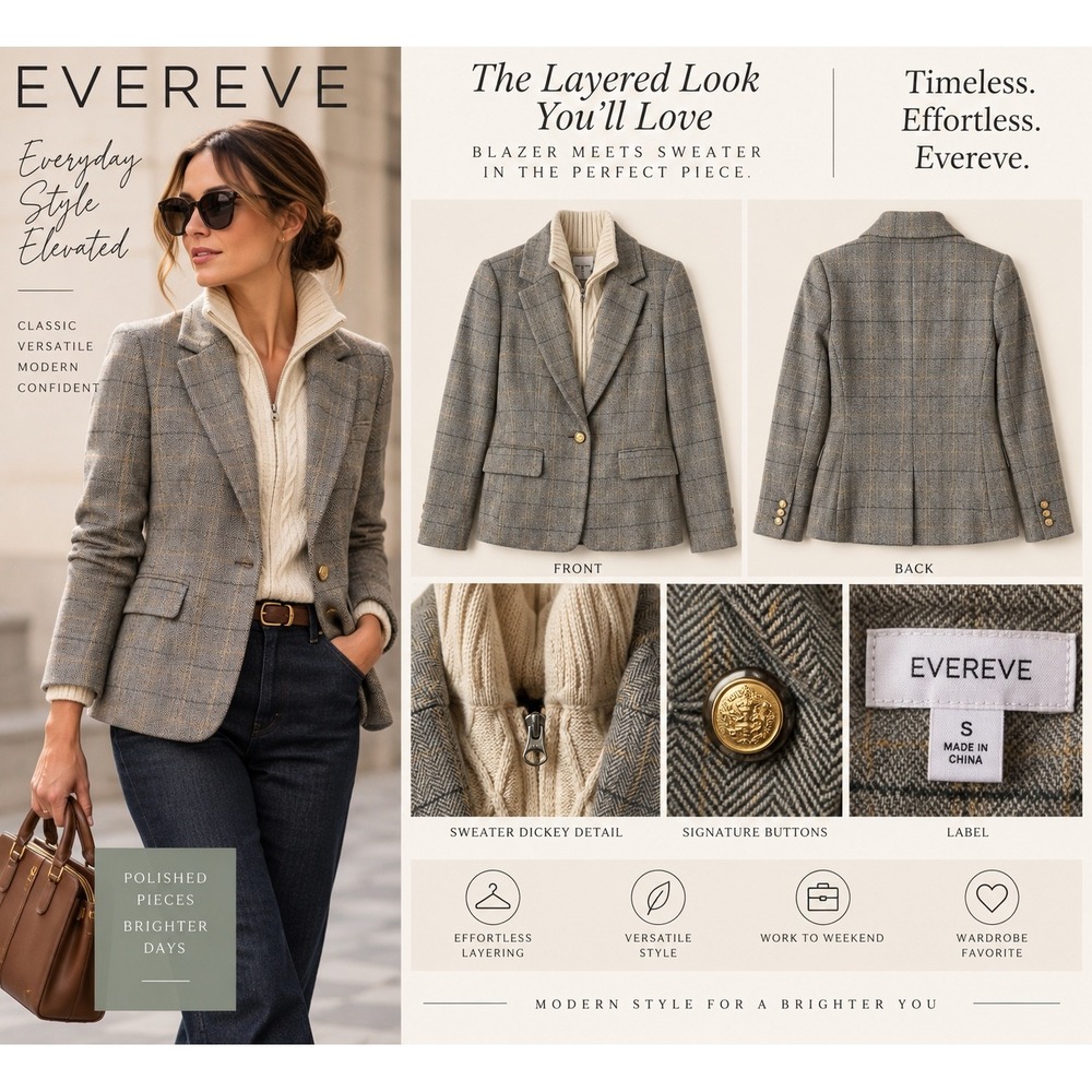 Evereve Plaid Blazer with Sweater Dickey Grey Herringbone Gold Buttons Small